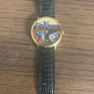 Vintage VP Watch Gold Tone Stainless Steel Salvador Dali Art Leather Band